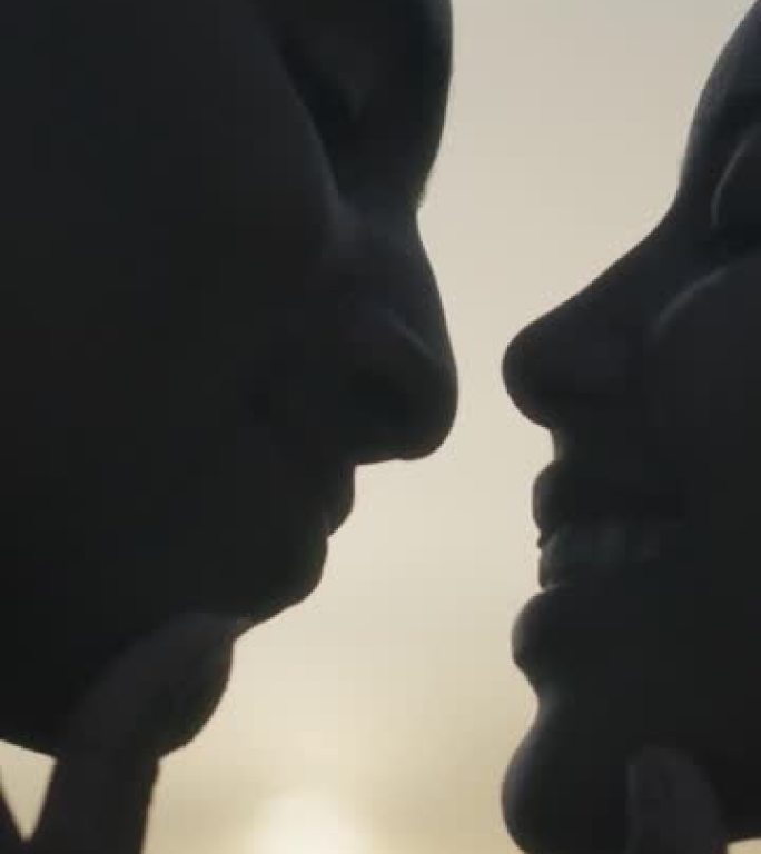 日落浪漫约会的特写非洲族裔夫妇。爱拥抱垂直视频