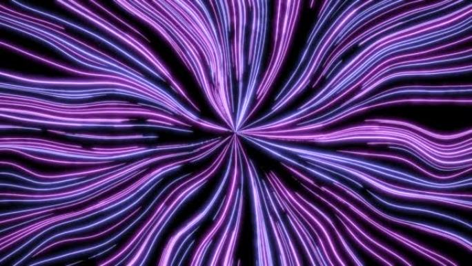 抽象振动的紫色线条像光线围绕屏幕中心的点。设计。五颜六色的摇摆触角，无缝循环。