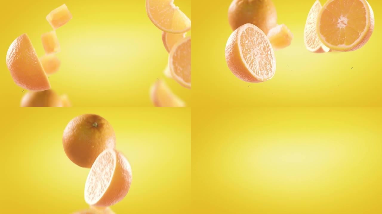 黄色背景下的橙色和切片的飞行