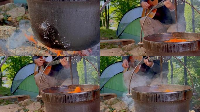 与朋友坐在篝火旁时，POV人在铁铸锅中炖煮