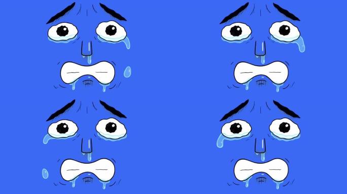 孤立在蓝色背景上的悲伤哭脸的手绘动画