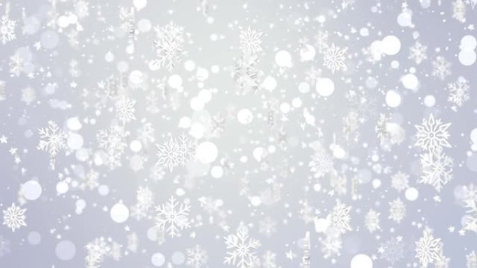 4k雪落在白色的天空，在冬季圣诞节循环背景中带有蓝色颗粒。