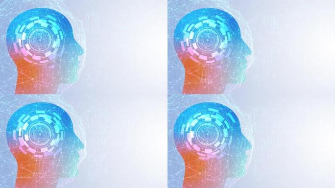 未来人工智能技术机器学习，人脸轮廓电路板和二进制数据流的蓝色环背景。