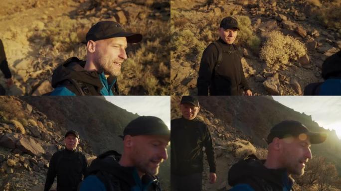 男性朋友走在山上的小路上，可穿戴相机视图。火山景观