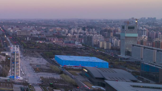 北京奥运村鸟巢水立方日转夜延时摄影