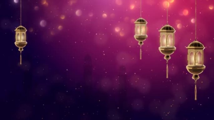 伊斯兰节日夜间带蜡烛的阿拉伯灯笼循环背景。穆斯林圣月斋月。
