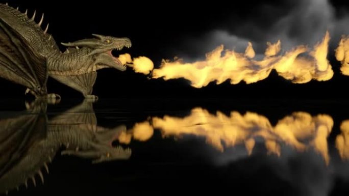 逼真的龙在反射表面上的黑色背景上喷火。