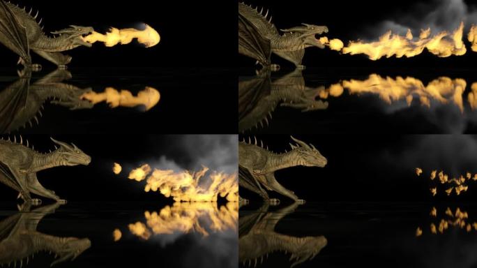 逼真的龙在反射表面上的黑色背景上喷火。