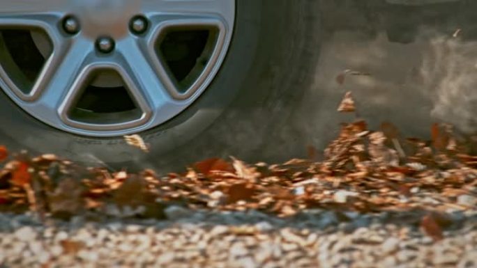 在森林道路上行驶的汽车的SLO MO TS轮胎将碎石和树叶抛向空中