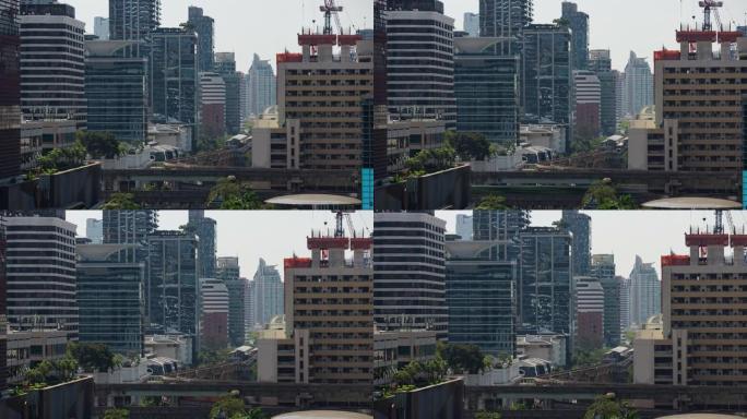 晴天曼谷市市中心交通街地铁线十字路口屋顶全景4k延时泰国