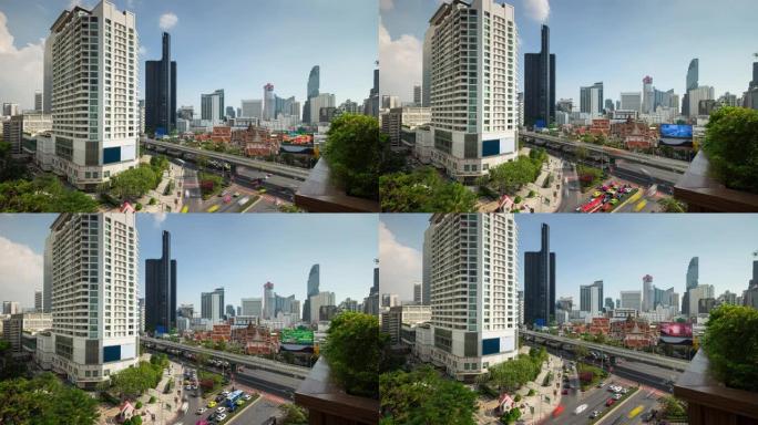 晴天曼谷市市中心交通街著名摩天大楼屋顶全景4k延时泰国