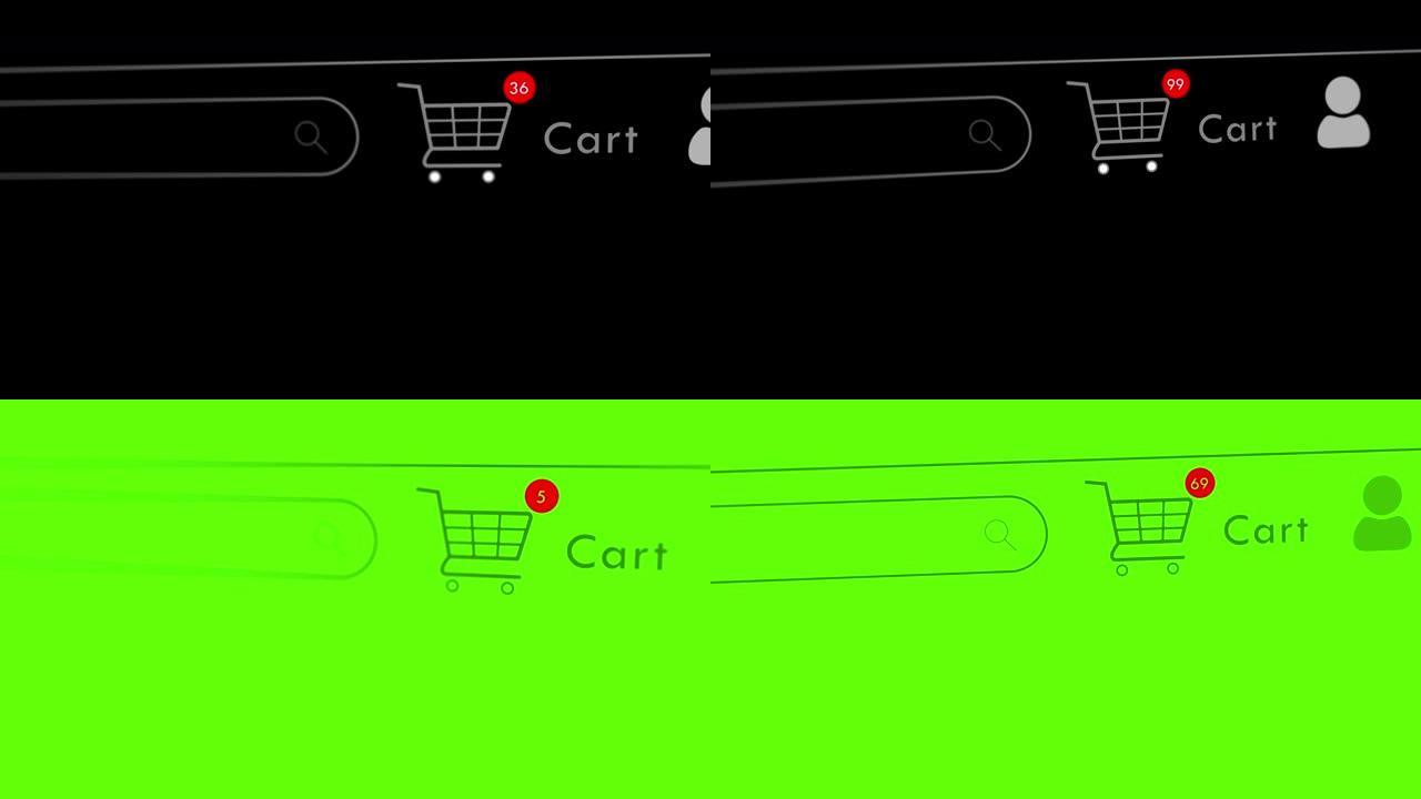 4k在线购物车特写镜头购物车图标计数数字的动画。