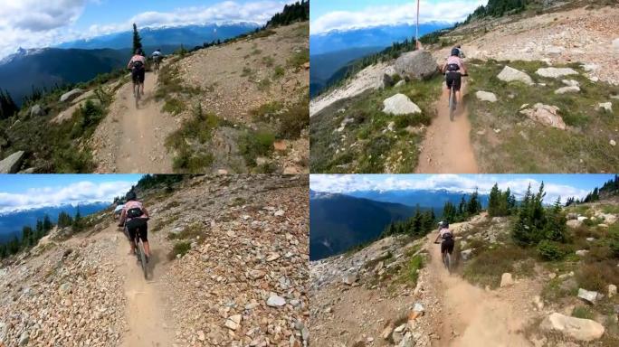 从高山下降的女性山地自行车手的第一人称视角