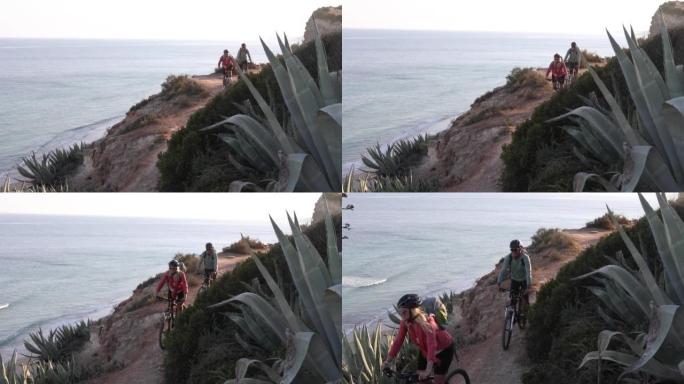 沿海悬崖上的情侣山地自行车