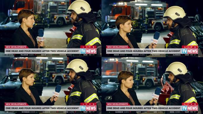 女新闻记者在车祸现场采访一名男消防员