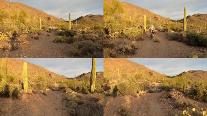 女山地车手在日出时跟随沙漠小径