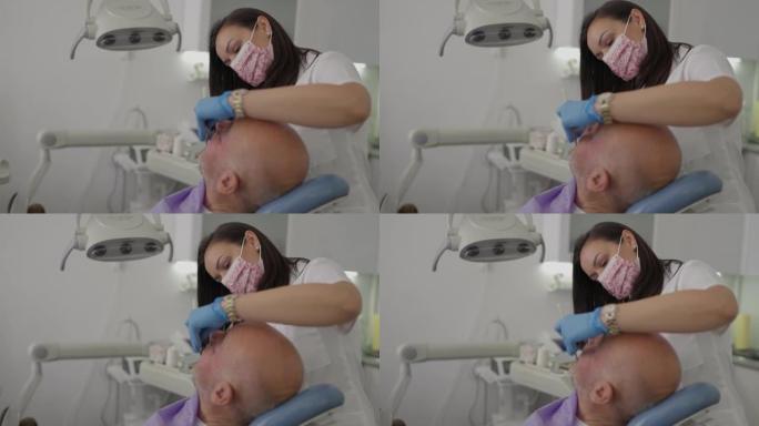 高加索女性牙髓病患者，与牙科医生一起工作