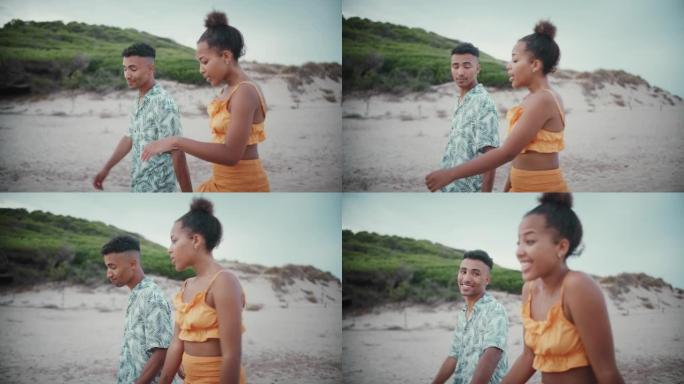 热爱非洲种族的夫妇拥抱。海滩浪漫散步和夏日乐趣