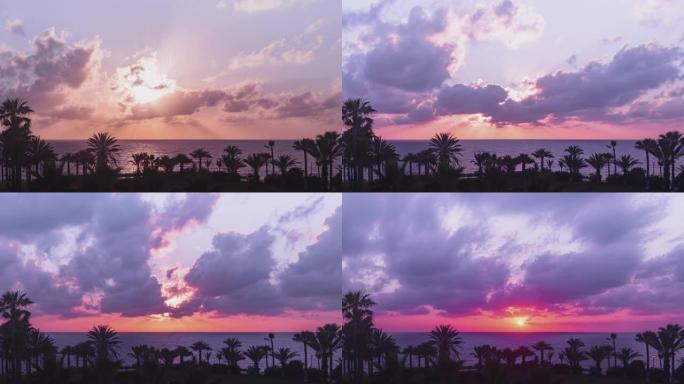 时间流逝。棕榈树日落海滩全景。炎热的太阳落在海面上，使云朵变成粉红色，紫色和紫色的柔和颜色。鸟瞰图