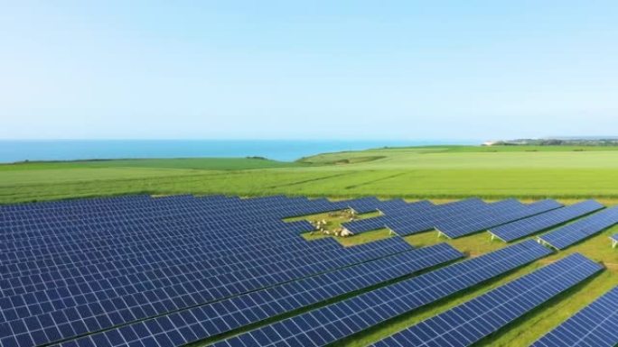 诺曼太阳能电池板中间的亚麻和大麦田，在欧洲，法国，诺曼底，塞纳海上，朝着Fécamp，在夏天，一个阳