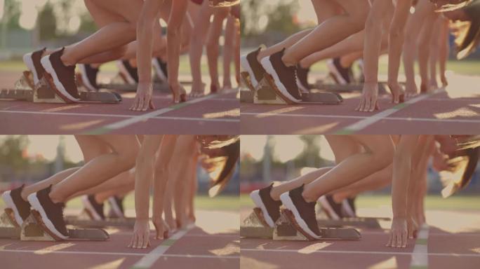 三名女运动员同时开始马拉松，竞争，慢动作。比赛前站在起跑线上的妇女