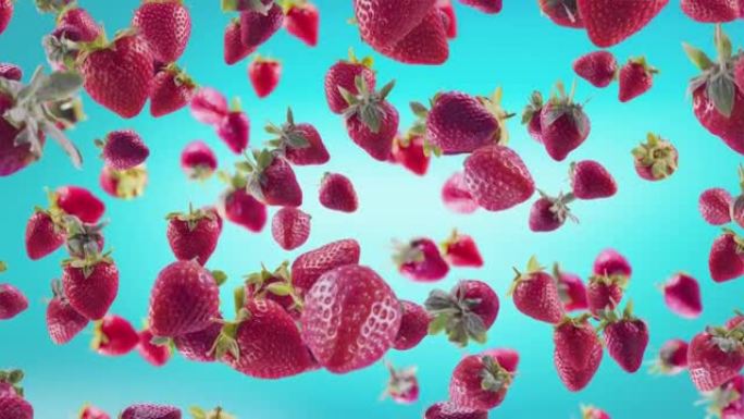 草莓，切片落在冰蓝色背景上。