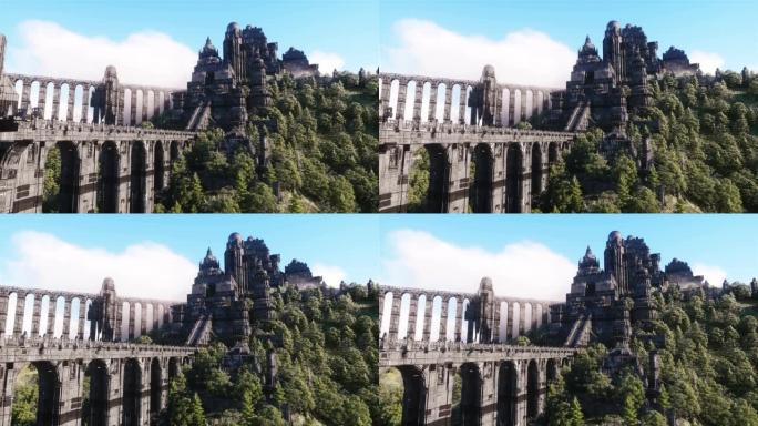 幻想仙女赛博朋克城堡，海洋中的宫殿。世界末日后的概念。动态树。逼真的4k动画。