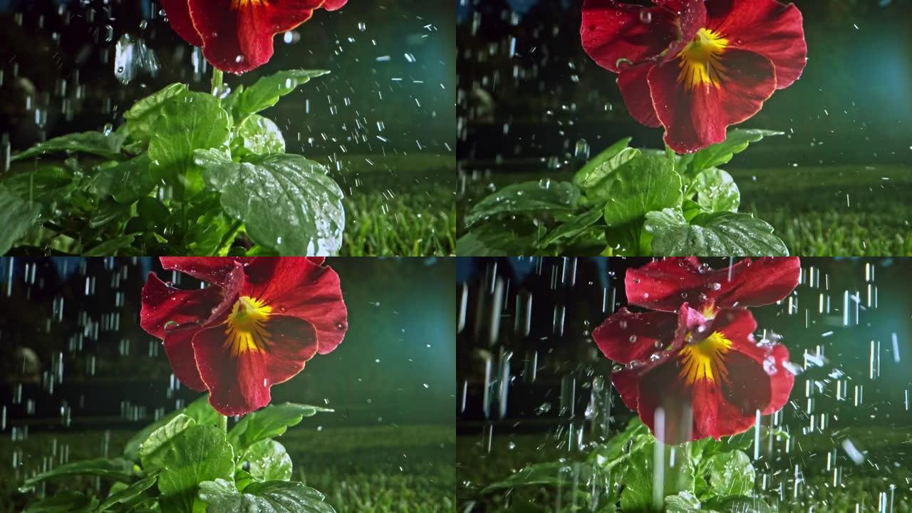 SLO MO雨落在红色花园三色堇上