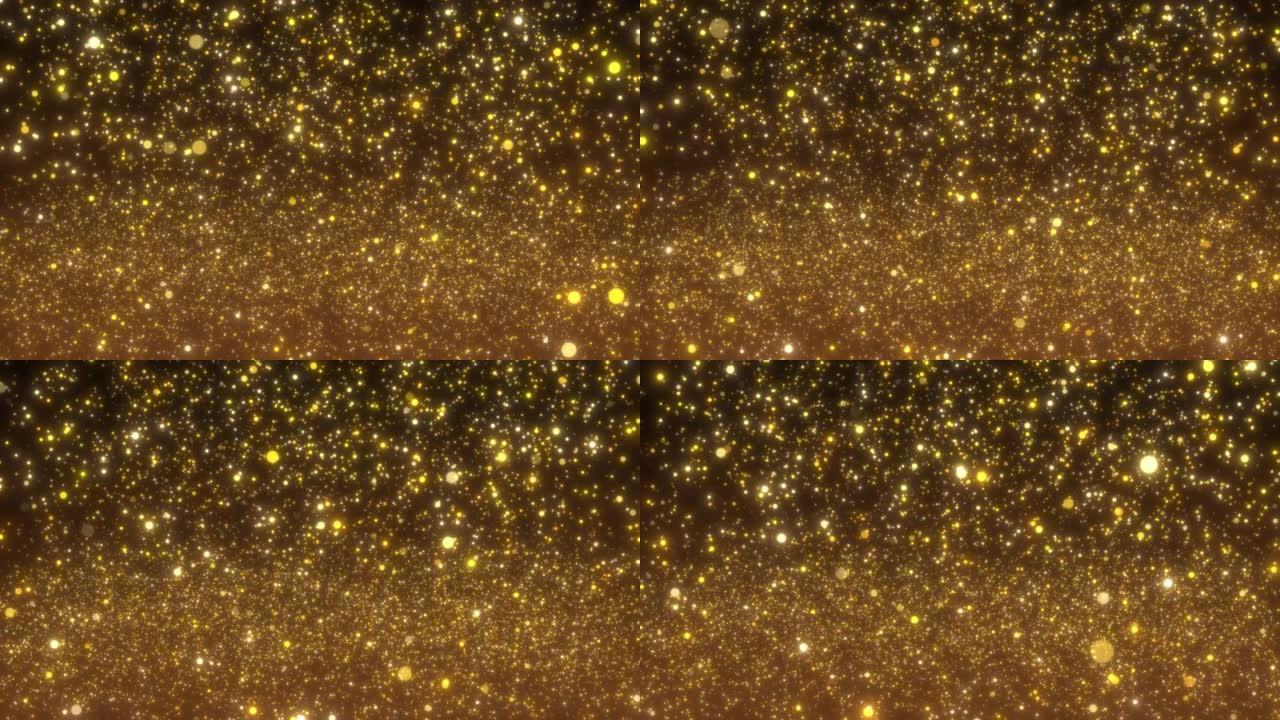 4k金色粒子bokeh尘埃光上升，闪光豪华粒子条纹环电影背景。