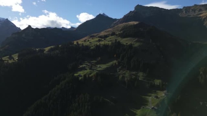欧洲阿尔卑斯山松树林和滑雪胜地的鸟瞰图