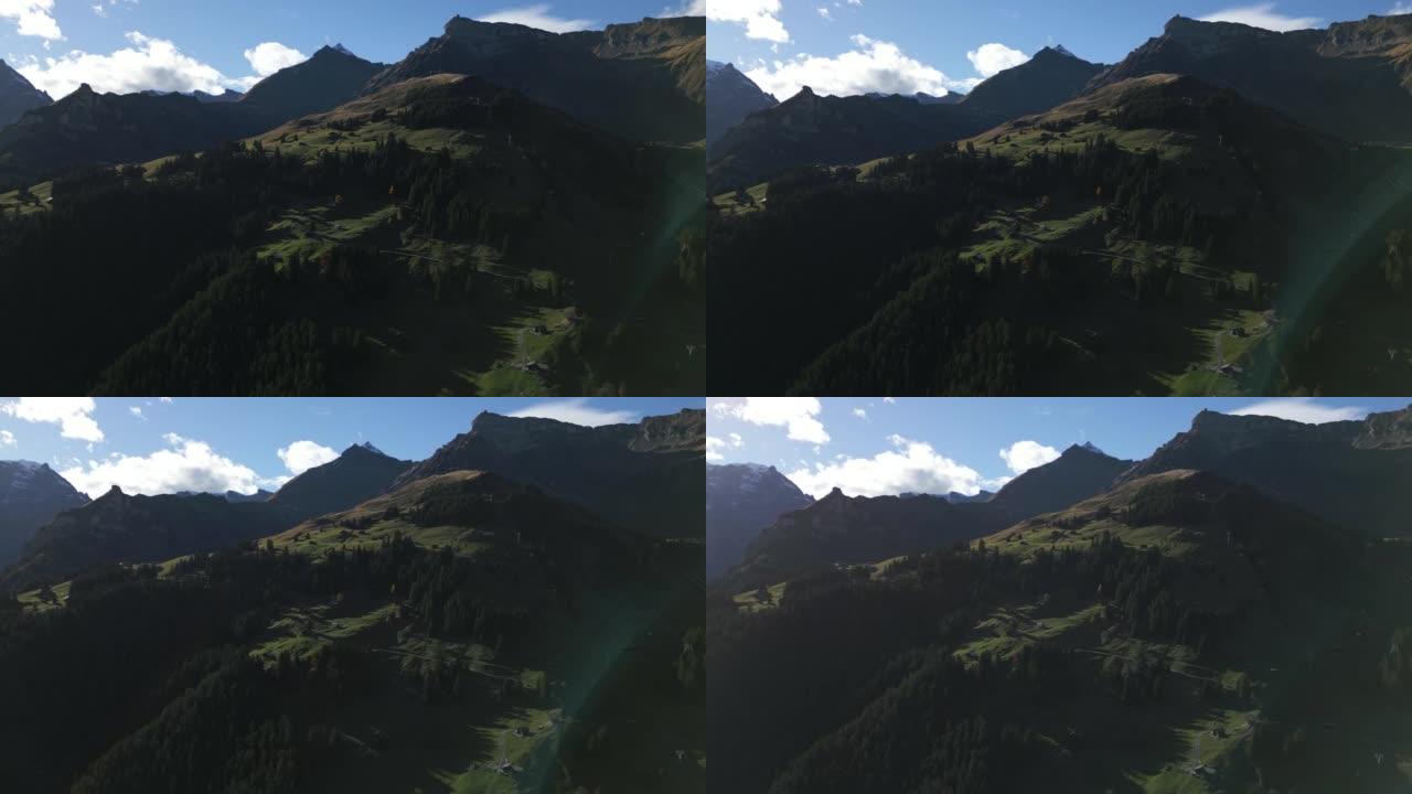 欧洲阿尔卑斯山松树林和滑雪胜地的鸟瞰图