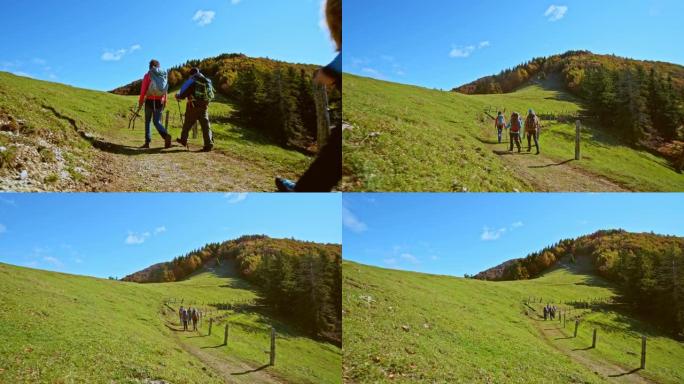 CS四名徒步旅行者沿着阳光明媚的牧场在山路上行走