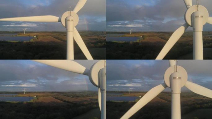 空中无人机拍摄了乡村的大型风力涡轮机