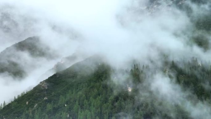 空中无人机拍摄了多洛米蒂与福雷斯，白云岩山脉，白云岩阿尔卑斯山或白云岩阿尔卑斯山的雾状松树树林，是位