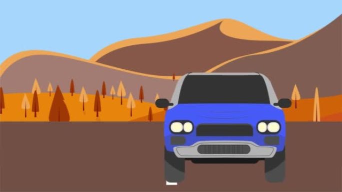 一辆蓝色汽车在路上行驶的循环2D动画