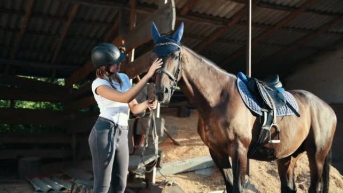 年轻的女骑师白天在牧场上抚摸马