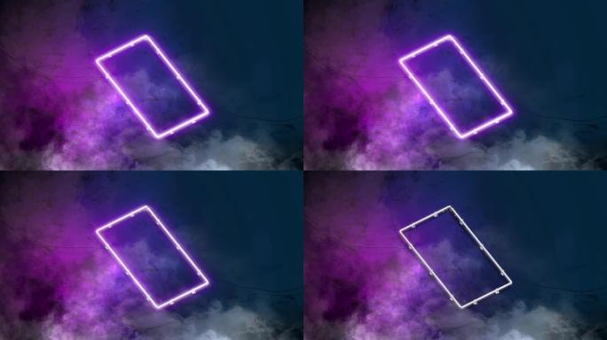 霓虹紫色矩形标志在大理石墙上发光，环形开关