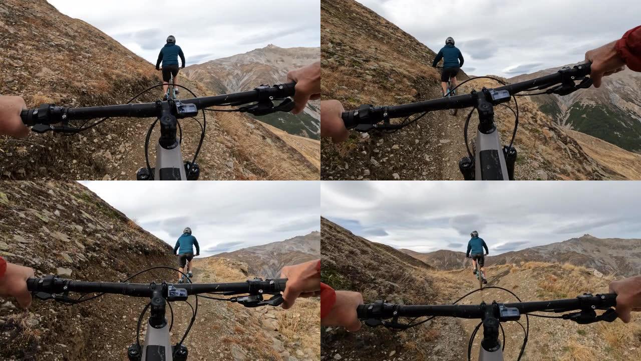 山地步道电子自行车上升的第一人称视角