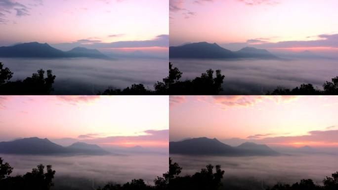 早晨日出山的薄雾景观，时间流逝