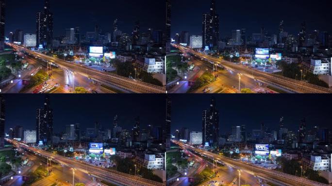 夜间照明曼谷城市景观市中心交通街十字路口屋顶全景4k延时泰国