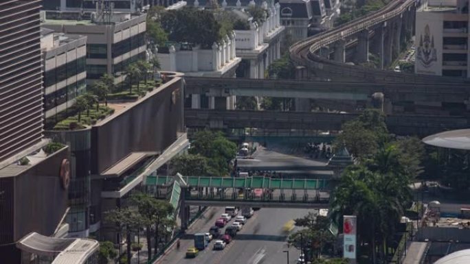 晴天曼谷市市中心交通街地铁线屋顶全景4k延时泰国