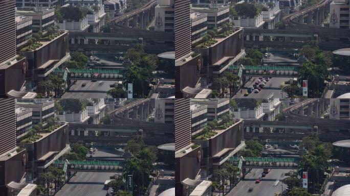 晴天曼谷市市中心交通街地铁线屋顶全景4k延时泰国