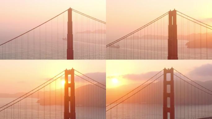 旧金山的空中金门大桥，日落在山后