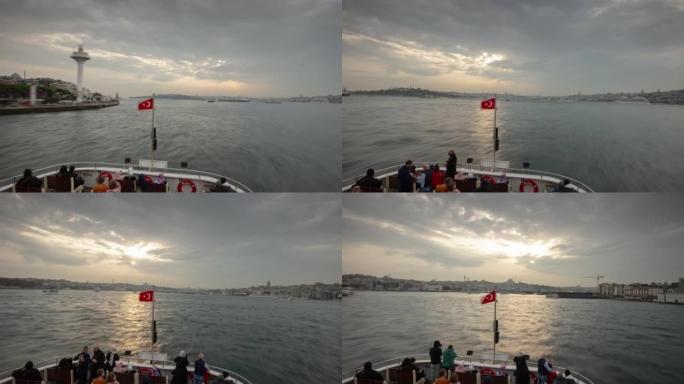 日落天空伊斯坦布尔市著名渡轮顶级游乐设施全景4k延时土耳其