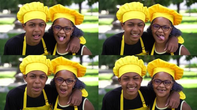 4k video black african cooks children grimacing an