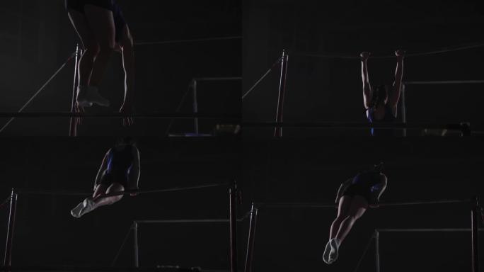 初级女体操运动员在体育馆的高低杠上表演，青春期的运动女孩在器械上锻炼