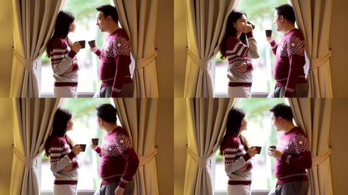 男女情侣假日喝咖啡庆祝圣诞佳节