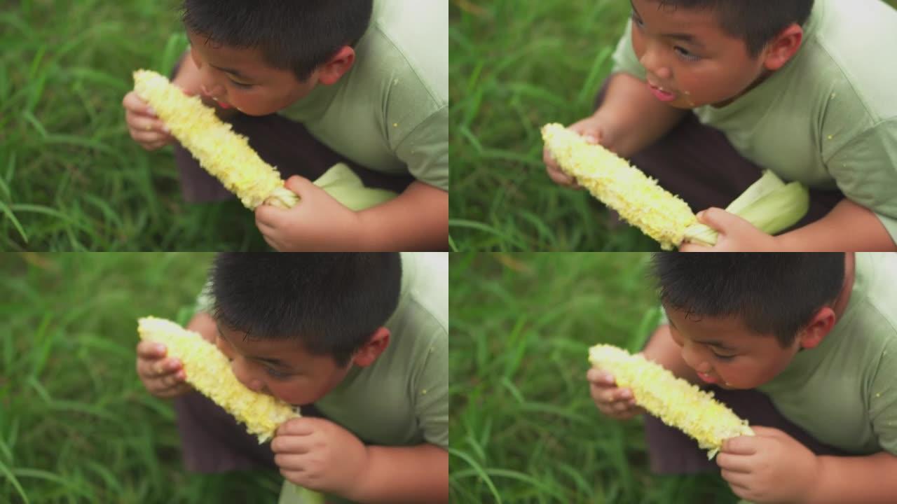 亚洲男孩在玉米棒上吃玉米。快乐的孩子在玉米棒上吃玉米。