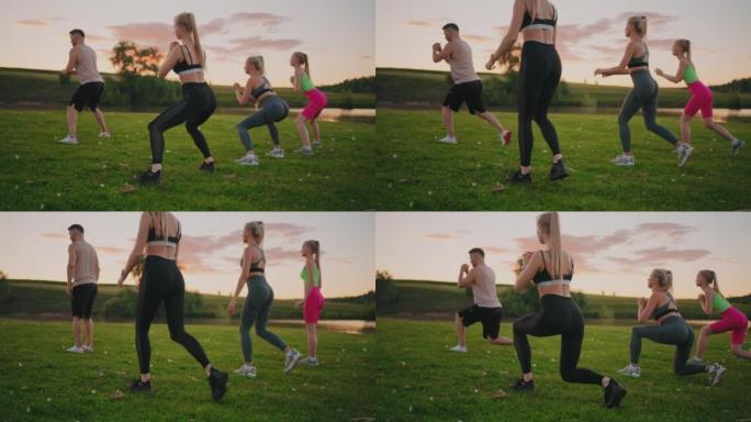 夏天在户外训练的苗条美女的臀部和腿部，公园的集体健身课