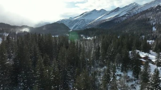 飞越白雪覆盖的森林，在白雪覆盖的高山山脉下